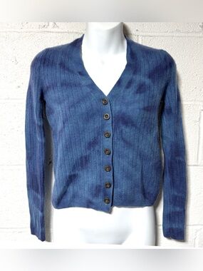 Madewell 100% Cashmere Tie Dye Ribbed Cropped Cardigan Sweater Blue XS Coastal
